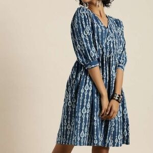 Taavi Boho Ethnic Motif Print Puff Sleeve Babydoll Cotton Blue Pockets Dress M